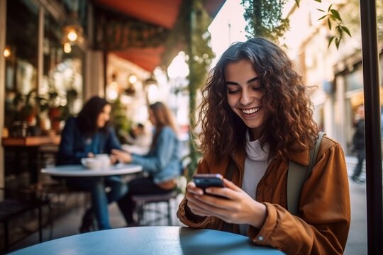 Caucasian woman using the phone Typing on smartphone touch screen, texting, business woman, female student, happy smiling, online shopping, e-commerce mobile app.