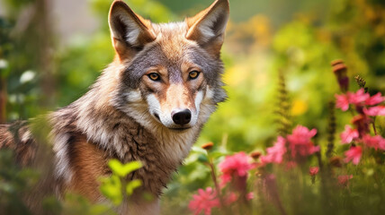 Fototapeta premium Eurasian wolf in the forest close-up.
