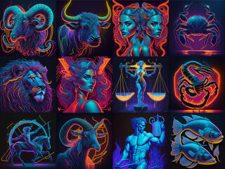 Set of zodiac signs icons. Aries, Leo, Gemini, Taurus, Scorpio, Aquarius, Pisces, Sagittarius, libra, Virgo, Capricorn, and cancer. Neon style
