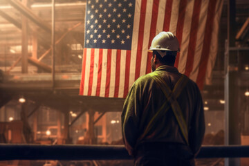 Obraz na płótnie Canvas Portrait of workman back view in uniform and safety helmet at International Labor Day