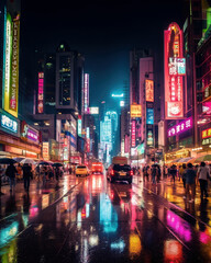 Urban landscape in modern city with neon shop windows during the rain, people under umbrellas