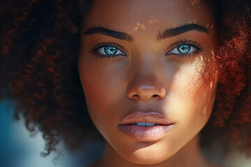 Close up of beautiful afro american woman with dark skin and unusual light colored blue eyes - obrazy, fototapety, plakaty