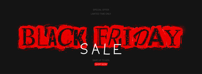 Black Friday Sale horizontal banner. Trendy vector illustration in collage style with doodles for Black Friday Sale decoration. Torn red paper and black letters with grunge effect. Discount offer.