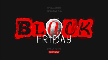 Obraz premium Black Friday Sale banner. Trendy vector illustration in collage style with doodles for Black Friday Sale decor. Halftone balloon, torn red paper and black letters with grunge effect. Discount offer.