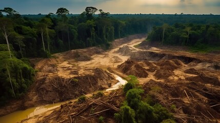 Amazon rainforest illegal deforestation landscape view of trees cut and burned to make land for agriculture and cattle pasture , generative AI - obrazy, fototapety, plakaty