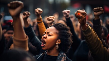 Black women rallying for rights, hand up to uphold rights. Generative AI