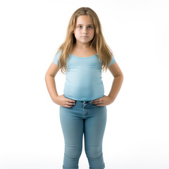 Fototapeta premium Obese of overweight girl or child, posing on full figure, isolated on a white background. 