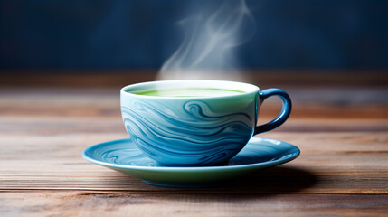 Obraz premium Hot blue tea matcha in designer ceramic cup with blue waves. Banner. Generative Ai content
