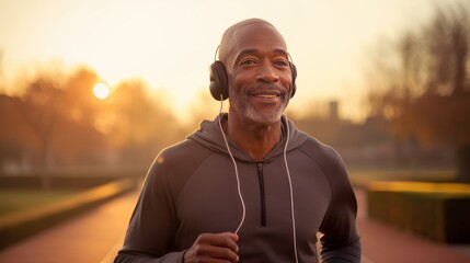 Fototapeta premium Old african american black man running and jogging on track for fitness, morning routine. Generative AI