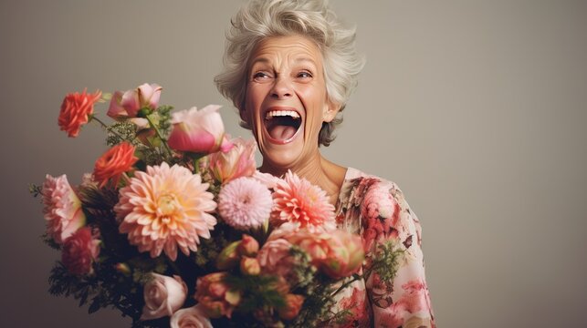 Elderly women laughing happily receiving flower bouquet from her soul partner, old women. Generative AI