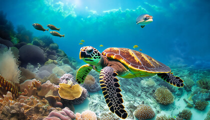 Fototapeta premium Green turtle swimming in the sea