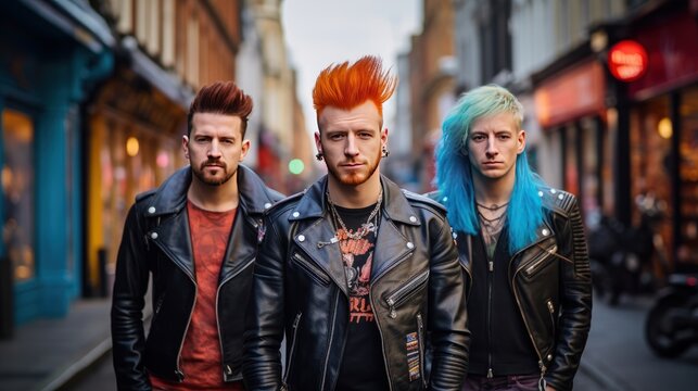 British punks with leather jackets on streets, rockers on street. Generative AI
