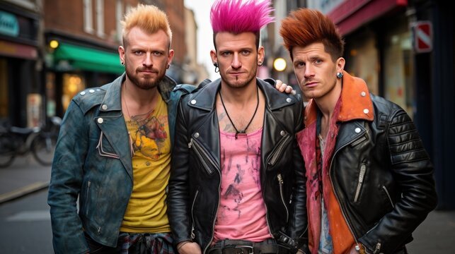 British punks with leather jackets on streets, rockers on street. Generative AI