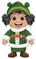 Cheerful Chubby Girl in Green Santa Winter Coat