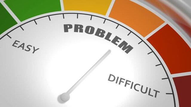 Easy and difficult problems. Concept of business, motivation, profit, ambitions. Instrument scale with arrow. Colorful infographic gauge element.