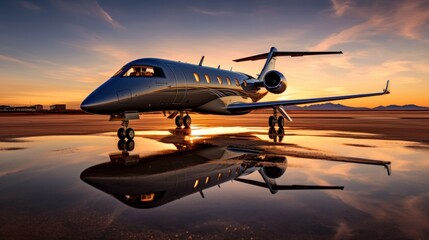 Fototapeta na wymiar An airplane or private jet in sunset. Luxurious private jet, parked on the tarmac.