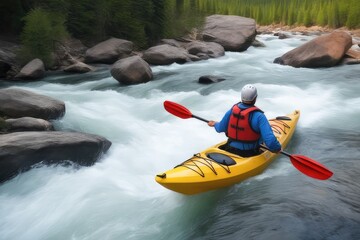 man kayaking on the river with mountain background