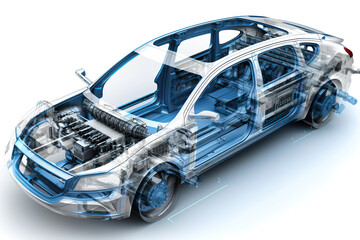 Projection of a modern car. 3D graphic visualization shows the analysis and optimization of a fully developed vehicle prototype. Modern technologies of mechanical engineering.