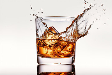 Glass of whiskey with ice with splashes. White background. Splashes and drops of whiskey fly from the glass in different directions.