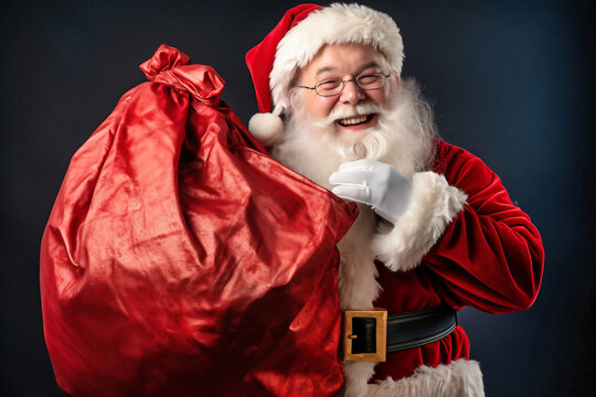 Happy Santa Claus with a big bag of gifts for children. Merry Christmas. New Year's Eve concept. Bright image of Santa for advertising and design.