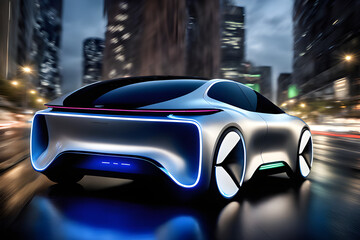 Picture a future-oriented car that combines an accented LED display with advanced power technology while maintaining the form and function of a traditional car. Generative AI.
