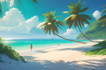 Fototapeta na wymiar A white sandy beach, blue sea and a girl on a summer day. Generative AI