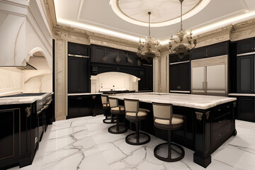 A luxurious kitchen with a marble island and elegant lighting. Close up