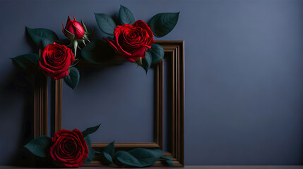Red Roses Picture Frame Beautiful Floral Decoration on a Romantic Background