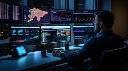 A data analyst sitting at a sleek and modern workspace, surrounded by multiple computer screens displaying colorful charts, graphs, and visualizations. They delve deep into the data