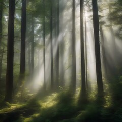 A mist-covered forest with beams of sunlight breaking through the trees, evoking a sense of mystery and wonder2