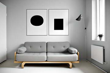 modern kids room with sofa and two abstract poster mockup