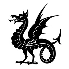 Heraldic dragon snake with wings. Symbol, sign, line, icon, silhouette, tattoo. Black. Isolated vector illustration. New Year 2024.