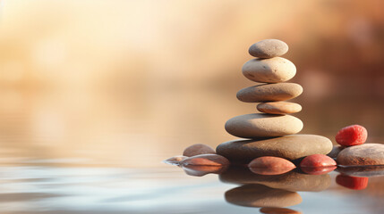 Pyramid of zen stones on abstract light blurred background