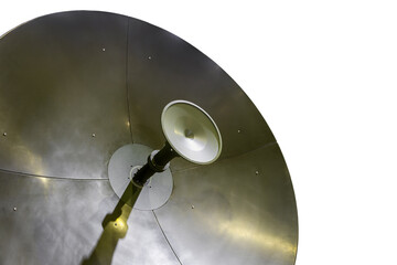 large satellite antenna with an emitter is isolated on a white