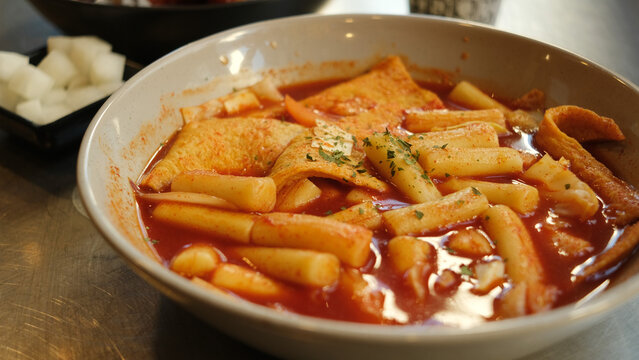 Korean spicy tteokbokki on a bowl. Korean food.