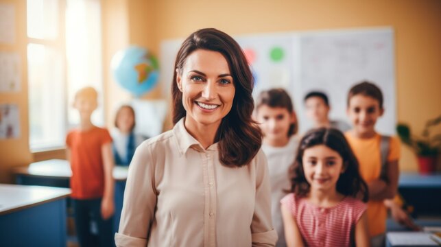 Pretty smiling female teacher looking at camera, kids on background in classroom at the elementary school.