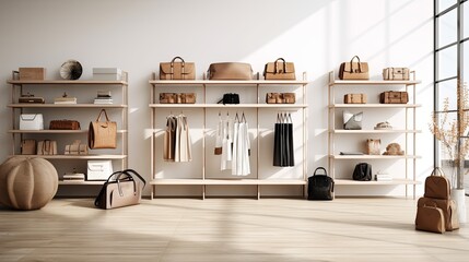 Interior women's clothing store, partition walls, White walls and Molteni color, vintage modernism,interior store design ideas,ai generate