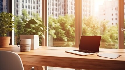close up working desk with blank screen laptop on wooden table study room interior design template home interior background,ai generate