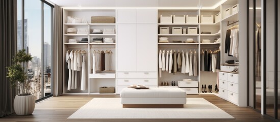home interior design template mockup room ideas concept wioth bright white walkin closet space management with cabinet and area organize home background,ai generate