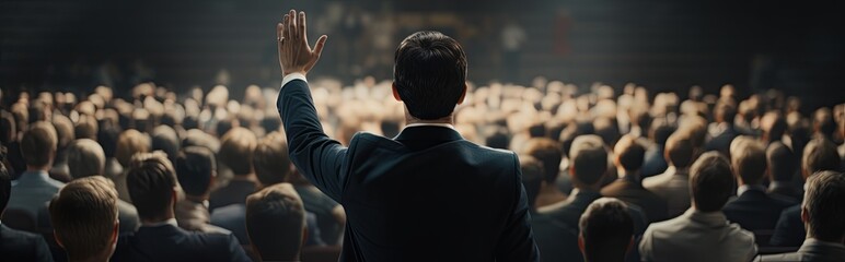 Unrecognizable businessman person of multi-ethnic businesspeople raising their hands during a presentation seminar for asking question at their company,ai generate - obrazy, fototapety, plakaty