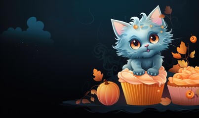 Monster cat cupcakes and fantastic pumpkins decoration in Halloween festival.