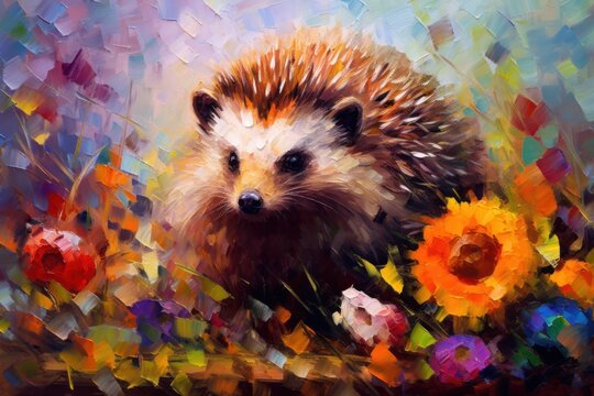 Hedgehog made of oil paint modern art with sunflower Generative AI.