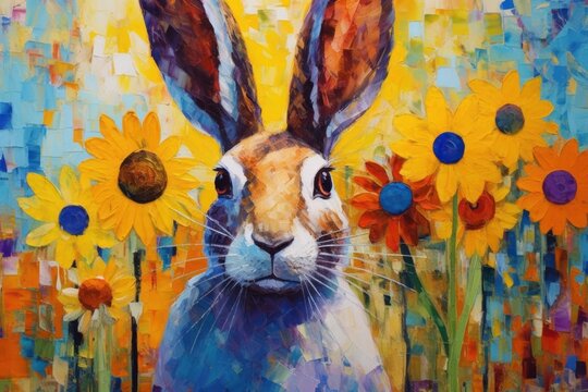 Rabbit made of oil paint modern art with sunflower Generative AI.