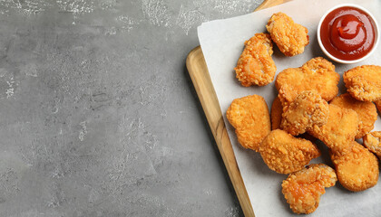 Tasty fried chicken nuggets on light grey table, top view. Space for text