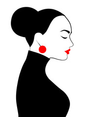 silhouette of a girl with red lipstick on her lips and retro hairstyle, profile on a white background