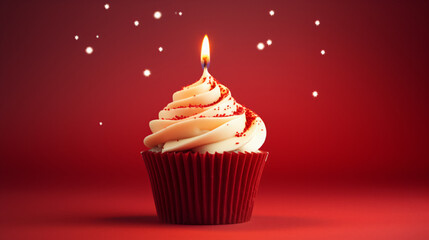Fresh tasty cupcake with candle on red background
