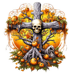Scary Halloween Tree, Cross and Skulls Watercolor Clipart isolated on Transparent Background.