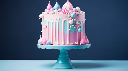 Girly Pink and Blue Birthday Cake on a Stand