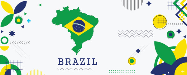 Brazil Map Flag national day banner design. flag theme graphic art web background. Abstract celebration geometric decoration vector illustration