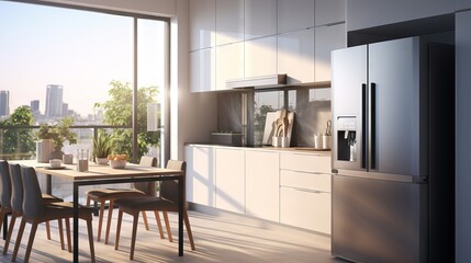 Efficient Morning Bliss: Futuristic Smart Kitchen with Touchscreen Refrigerator, Smart Oven, and Modern Home Control Panel